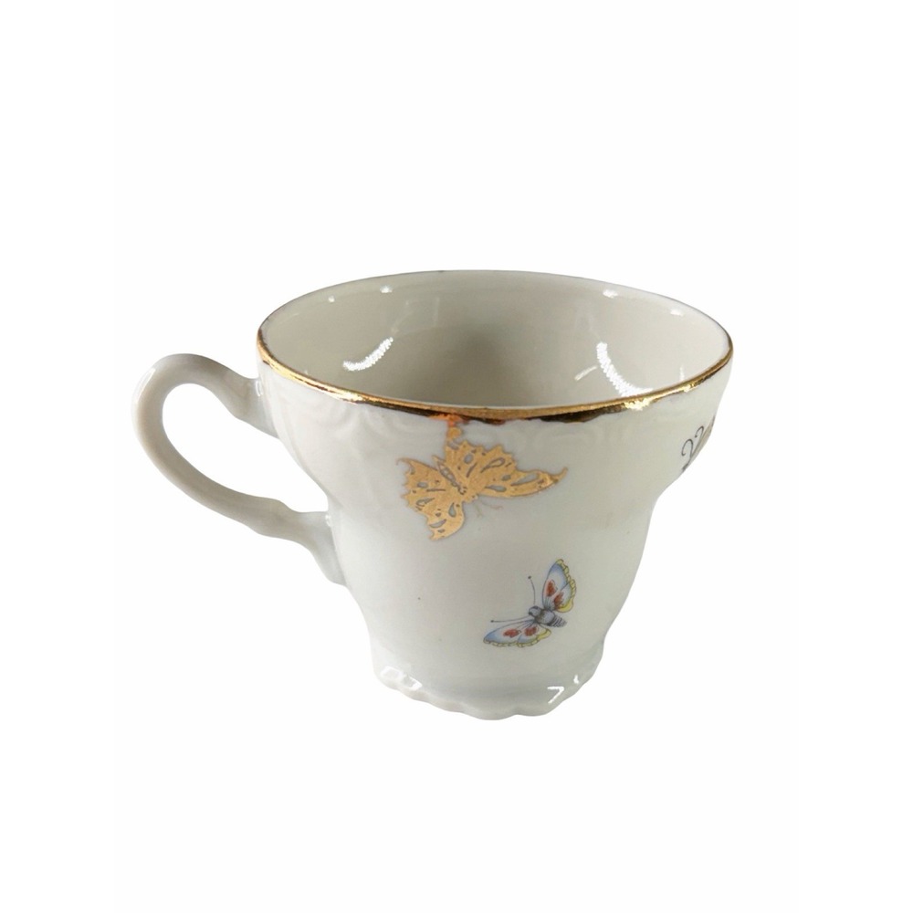 Vintage Butterfly Tea Cup & Saucer Set Gold Trim Porcelain Floral Scalloped RARE - Picture 6 of 11